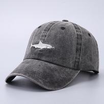 Shark embroidered baseball cap - minimalist solid color curved brim denim washed duckbill cap Adjustable