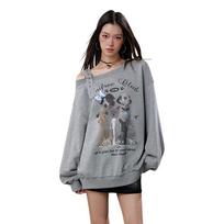 UNIFREE Off-Shoulder Dog Print Loose Sweatshirt L viržių pilka spalva