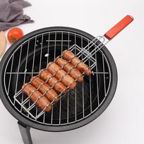 Lauko medinės rankenos dešrainių kepsninės spaustukas, nelimpantis šoninės dešros kepsninės tinklelis, daugiafunkcinis stovyklavimo BBQ įrankis sidabras