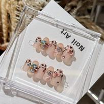 10Pcs Handmade Nude Heart Print Fake Nails with 3D Bow & Multi-Color Rhinestone Accents XS
