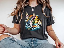 Skeleton Riding Shark Surfing T-Shirt Funny Summer Beach Skull Graphic Tee XL