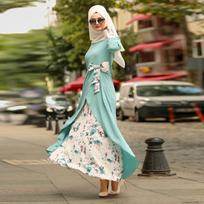 Women Dress Turkish Cloth Islam Muslin Chiffon Robe Canonicals with Scarf One Piece Long Dress Long Sleeve Print Elegant Dress S šviesiai mėlyna spalva