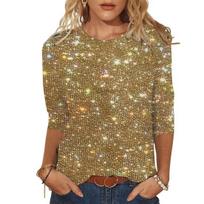 Women T-shirt Crew Neck 46085 Sleeves Glitter Pullover Tops Shiny Sequins Solid Color Shimmering L vyno raudonos spalvos