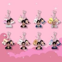8pcs Stray Kids Triple-Charm Acrylic Keychain Set, Kpop Member Photo + Matching Cartoon + SKZOO Character Bag Pendant, STAY Fans Collectible Accessory 8pcs