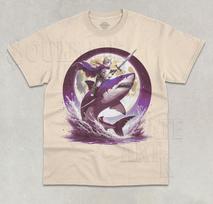 Cat Riding Shark Moon T-Shirt Shark Lover Rider Aesthetic Unisex Graphic Shirt 3XL
