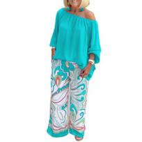 2 Pcs/Set Women Outfit Set Solid Color Top Loose Mid Waist Wide Leg Women Blouse Pants Set XL žalia