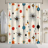 Retro Abstract Geometric Shower Curtain - Mid-Century Modern Design, Black, Red, Orange, Blue & Yellow,Machine Washable 90X180cm