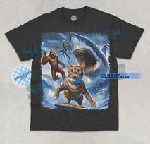 Cat Surfing T-Shirt Funny Bigfoot Shark Alien Meme Joke Brainrot Graphic Shirt S