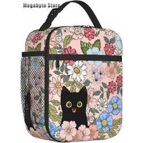 Black Cat Lunch Box Funny Cat Lunch Bag Kids Teen Girls Women Adult Cooler Insulated Floral Lunch Bag for School Work Travel 26x21x11CM smėlis