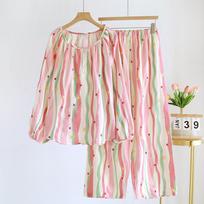 2026 New Women's Pajama Set 100% Cotton Crepe Cloth Color Striped Round Collar Head Long Sleeve Two Piece Loose Home Clothes M