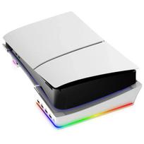 Horizontalus stovas su RGB LED apšvietimu PS5 Slim konsolei, Stovo laikiklio priedai su 14 apšvietimo režimų ir 4 USB prievadais balta