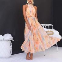 Elegant Dopamine-Print Long Dress Beach-Inspired Fairy-Tale Vacation Oil Painting Dress for Women XS beige