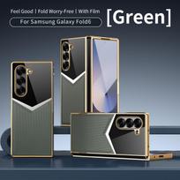 For Samsung Galaxy Z Fold 7 6 5 4 3 Electroplated PC Color Blocked Leather Tempered Film Shockproof Folding Phone Case For Galaxy Z Fold 5 žalia
