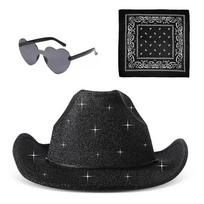 3pcs/Set Bandana Sparkling Powder Denim Hat Wide Brim Solid Color Western Cowboy Hat Heart Sunglasses 3pcs/Set Pink Cowboy Hat juoda
