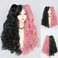 Cosplay perukas Sintetinis ilgos spalvos garbanotų mergaičių Lolita Cosplay perukas su dvigubomis uodegomis ir 1 vnt. 24inches šalta juoda spalva