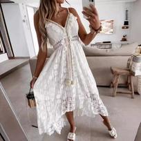 Summer V-Neck Solid Color Lace Hollow-Out Sleeveless Sling Party Wear High Waist Rompers Holiday Casual White Women's Jumpsuit S balta