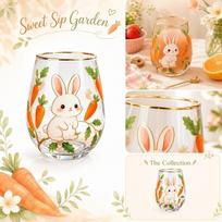 Glass Drinking Cup with Bunny and Carrot Print Stemless Design Suitable for Juice Water and Cold Beverages Durable Household Glassware One Size