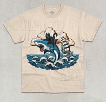Cat Riding Shark Ocean T-Shirt Funny Cute Kitten Cat Meme Unisex Graphic Shirt 4XL