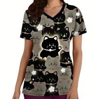 Clinical Uniform Woman Cute Cat Cartoon Print Fashion Microelastic Short Sleeve Scrubs Woman Casual V-Neck Vet Medical Clothes XL