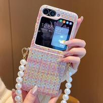 For Samsung Galaxy Z Flip 7 6 Colorful Woven Texture with Pearl Necklace Drop Anti Fingerprint Phone Case For Galaxy Z Flip 6