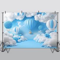 2D Blue White Hot Air Balloon Cloud Backdrop Boy Baby Shower Photo Banner 47.2x31.5inch/120*80cm