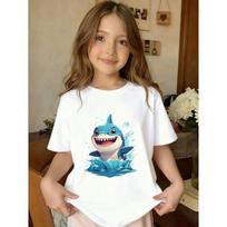 European sizes Blue Big Shark Pattern Print. This Is a Trendy Spring And Summer Style, Especially Suitable As a Daily T-Shirt Gift for Girls 110