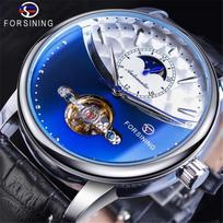 FORSINING Prabangūs automatiniai mechaniniai laikrodžiai Vyriški Saulės Mėnulio fazių Tourbillon laikrodis Atsparus vandeniui Vyriškas riešo laikrodis mėlyna/sidabras