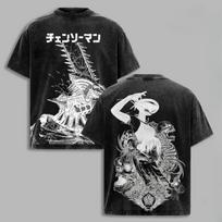 Chainsaw Man Reze (Bomb Devil) Black & White Line Art Vintage Washed Anime T-Shirt, Unisex Manga Fan Streetwear Tee, 100% Cotton Casual Short Sleeve L