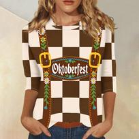 Women's Casual 3/4 Sleeve Oktoberfest Print Round Neck Top Checkered Pattern Oktoberfest Theme Shirt Lightweight Comfortable Fit XXL smėlis