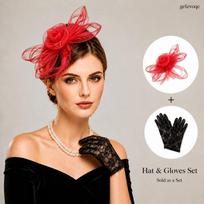 2PCS Womens Formal Fascinator Hat with Lace Gloves Set Elegant Mesh Flower Veil Headwear for Bridal Derby Tea Party Accessory 2pcs raudona
