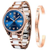 OLEVS Stylish Mechanical Popular Wristwatch with Date Fashionable Blue Women's Watch, Watch, Display, Dial, Bracelet, Ceramic, mėlyna