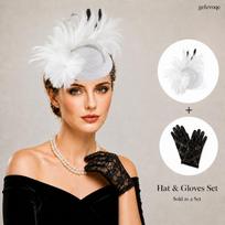 2Pcs Womens Flower Feather Fascinator Hat Lace Gloves Set for Tea Party 2pcs balta