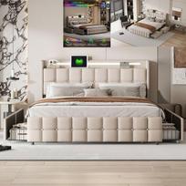 Dvigulė lova 140x200 cm su LED apšvietimu ir 4 stalčiais, USB jungtimi, suaugusiųjų lova 140x200 cm su grotelėmis, lova 140x200 cm, lininis audinys, smėlio spalvos