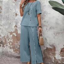 Casual Loose Two-piece Set: Short-sleeved Top, Button-down Wide-leg Pants XXXL mėlyna