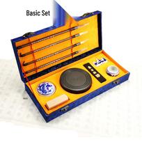 Blue Dragon Brocade Box Student Calligraphy Set: Includes Brush, Ink, Paper, and Inkstone.