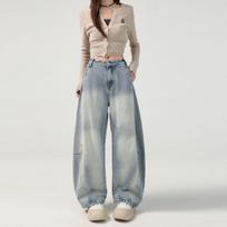 Spring Vintage Distressed Washed Blue Patchwork Banana Saber Cut Relaxed Denim Pants Women Casual Pants Oversize Denim Trousers XS