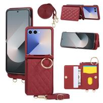Crossbody Wallet Ring Phone Case for Samsung Galaxy Z Flip 7 6 5 5 4 3 Flip7 Flip6 Flip5 Card Slot Business Leather Cover Coque Galaxy Z Flip4 raudona