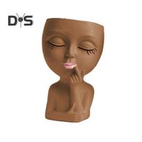 Veido vazonas su drenažo anga, derva, 3D moterų galvos figūrėlė, vazonas, kambarinis lauko augalas, konteineris, namas, balkonas, sodo apdaila ruda