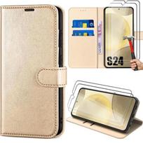 Case for Samsung Galaxy S24 with 2 Tempered Glasses, Full Shockproof Leather Effect Gold Flip Case