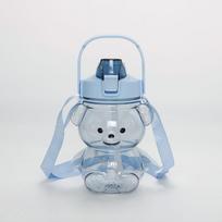 Cute Bear Portable Water Bottle with Straw - Large Capacity Cartoon Design 1100ml mėlyna