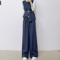 Spring 2026 Fashion: Versatile Vest Top & Wide-Leg Pants Set M (90-115 jin) tamsiai mėlyna spalva