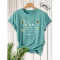 Bee yourself Bee Positive Energy Slogan Print Short Sleeve Vintage Distressed Round Neck T Fresh and natural style loose-fitting shirt 2026 Elegant S povo mėlyna spalva