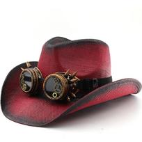 Vintage color block western jazz cowboy hat - unisex ethnic style breathable outdoor beach hat M（56-58cm） raudona juoda spalva