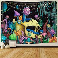Kaukolė Gėlių gobelenas Sienos Haning Trippy Art Grybų Skeletas Gotikos namų dekoras Sodas Estetiniai gobelenai miegamojo antklodei 95x73cm gray