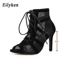 Eilyken dizainerio batai, madingi kulnai, vasariniai, moteriški, suvarstomi kryželiu surišti „Peep Toe“ aukštakulniai kulkšnies dirželiai tinklinio paviršiaus tuščiaviduriai sandalai 35 juoda