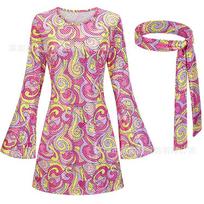 Cross Border Halloween 70s Hippie Disco Costume Gogo Dress Headscarf Fashionable Comfortable Long Sleeved Simple Fresh Solid Color Dress S rožinė