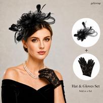 Womens 2Pcs Vintage Fascinator Hat and Lace Gloves Set for Wedding Cocktail Party 2PCS juoda