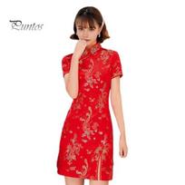 Moteriškas vasarinis čiongsamas su stovinčia apykakle, drakono ir fenikso raštu, skeltu kraštu, qipao, prigludęs, retro kiniško stiliaus, virš kelio ilgio, vestuvėms, vakarėliui, kokteilinei suknelei L raudona