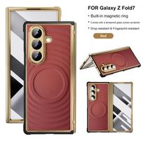 Skirta Samsung Galaxy Z Fold 7 telefono dėklui, su įmontuotu magnetiniu žiedu, atsparus pirštų atspaudams, su grūdintu stiklu, odos medžiaga Galaxy Z Fold7