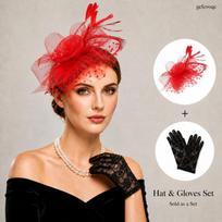 2Pcs Womens Feather Mesh Fascinator Hat Lace Gloves Set for Tea Party Wedding 2pcs raudona